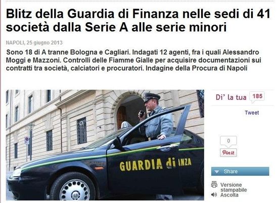 《米兰体育报》:41支球队遭税警调查