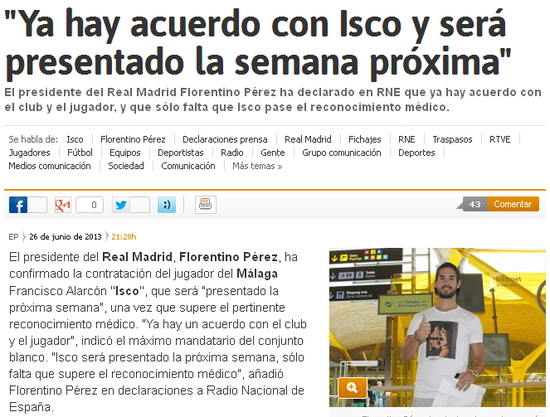 《阿斯报》：皇马主席宣布伊斯科加盟