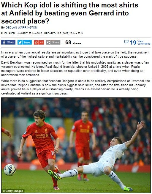 《邮报》：库蒂尼奥力压杰拉德成利物浦球迷新宠