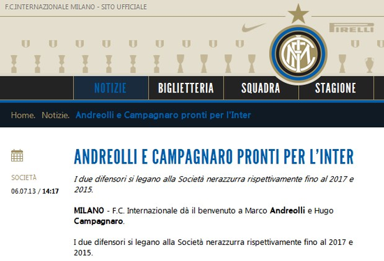 《国米官网》:国米宣布安德雷奥利和坎帕尼亚罗加盟