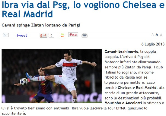 《mediaset》：伊布将转投切尔西或皇马