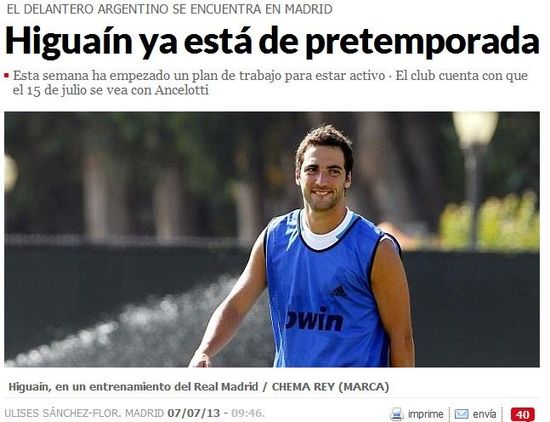《马卡报》：伊瓜因正在马德里进行单独训练