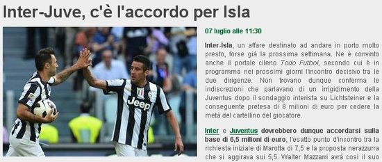 《足球市场》:国米签伊斯拉与尤文达成协议
