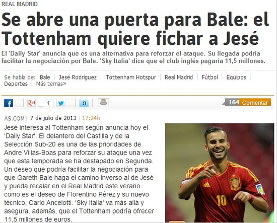 《阿斯报》截屏：皇马为购贝尔贱卖赫塞给热刺