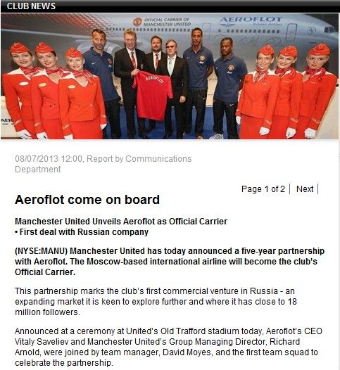 曼联官网：曼联宣布与俄罗斯航空公司签订五年赞助合同