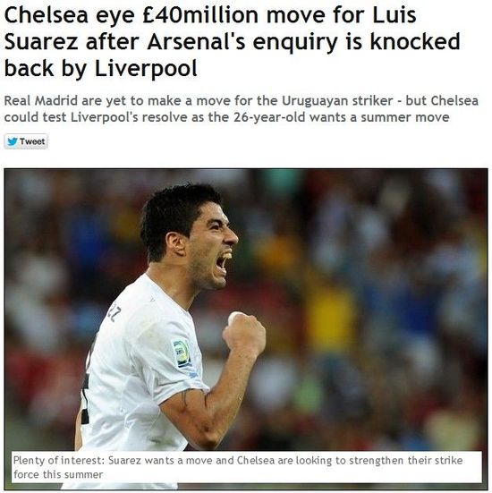 《镜报》:切尔西4000万诱利物浦卖苏亚雷斯