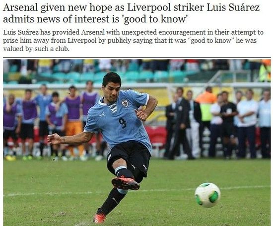 《每日电讯报》：苏亚雷斯很高兴获悉阿森纳对自己感兴趣