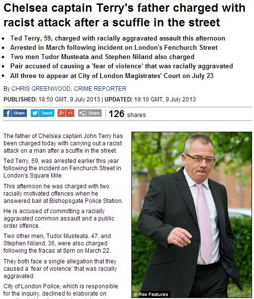《邮报》：特里父亲因种族攻击被检控
