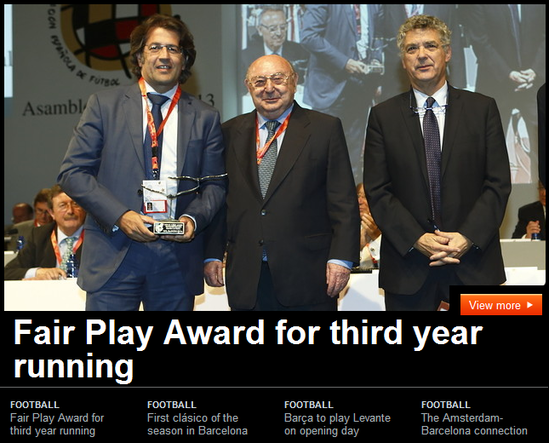 巴萨官网：球队获颁公平竞赛奖