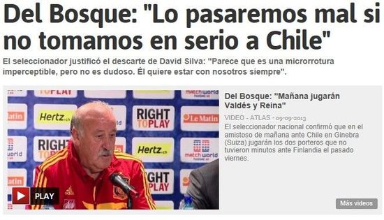 《阿斯报》：博斯克担心西班牙恐负于智利