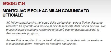 米兰官方公布蒙托利沃波利伤情 或无缘欧冠首战