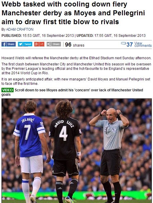 《邮报》：韦伯将吹罚曼彻斯特德比