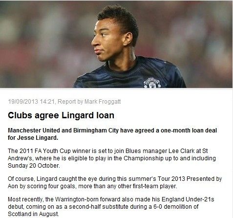 曼联官网：林加德租借伯明翰为期一个月