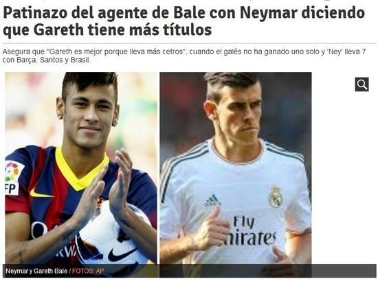 《世界体育报》:经纪人称贝尔强于内马尔