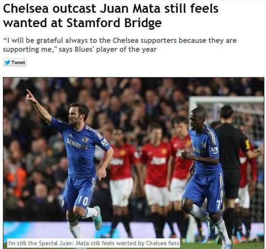 每日镜报：马塔深切感受到球迷队友对他的爱