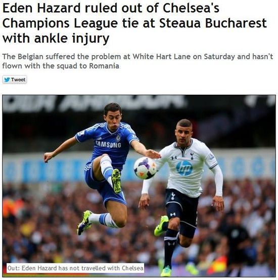 《镜报》：阿扎尔无缘切尔西周中欧冠