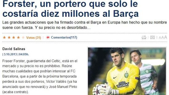 《每日体育报》：巴萨千万欧可获福斯特