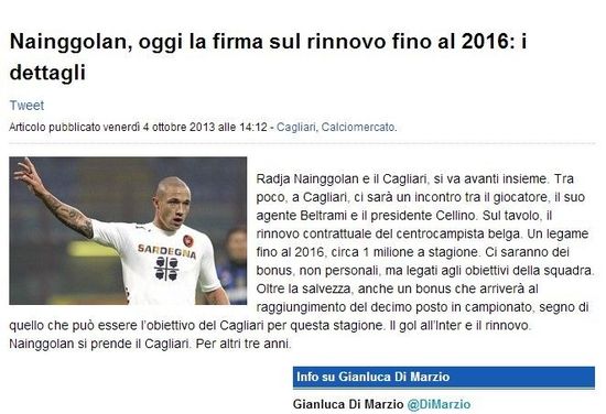 《迪马尔齐奥官网》：纳因戈兰即将续约到2016年