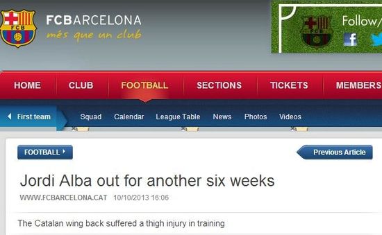 巴萨官网截屏 阿尔巴再伤缺阵6周