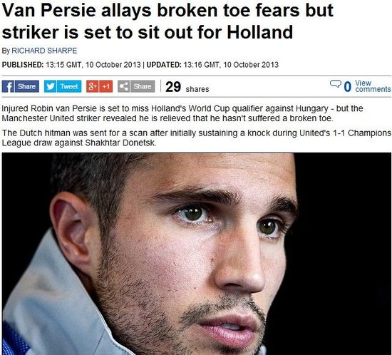 邮报：范佩西说明伤情，强调自己脚趾并未骨折