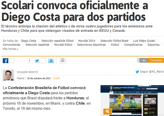 《阿斯报》：斯科拉里正式征召迭戈-科斯塔