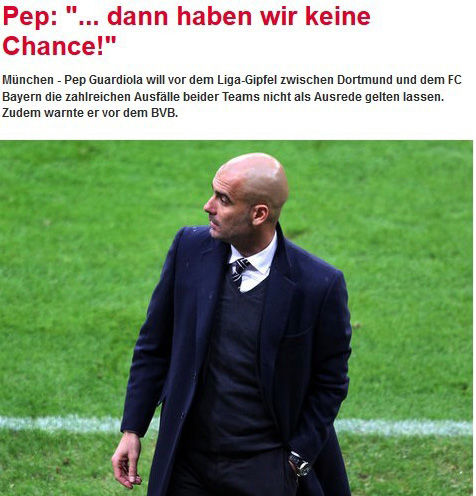 《慕尼黑日报》：瓜帅表示若放任多特发挥拜仁没有机会