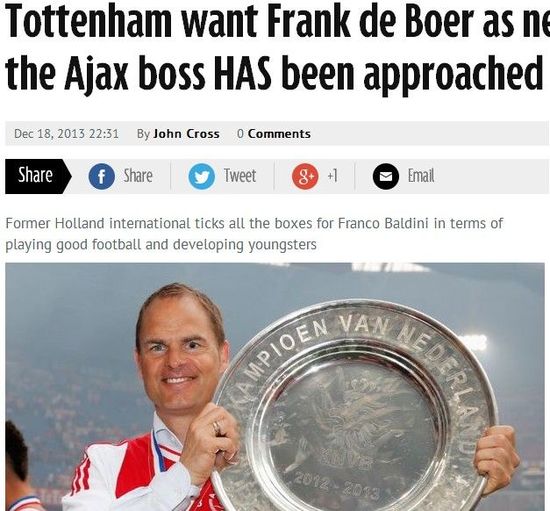 镜报：热刺欲聘请弗兰克-德波尔执教