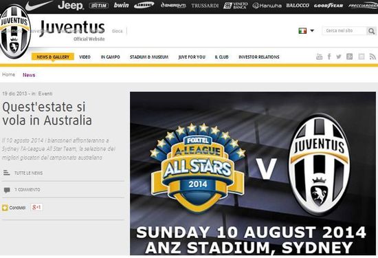 尤文官网宣布明年夏天将去澳大利亚踢热身赛