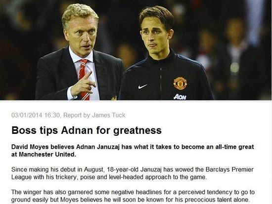 曼联官网：莫耶斯相信贾努扎伊会成为C罗那样的传奇