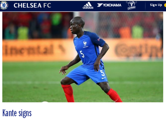 切尔西官方宣布坎特加盟 转会费3200万镑签约5年