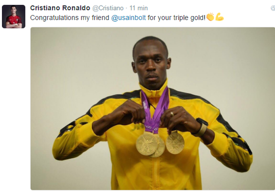 C罗祝贺博尔特勇夺三冠 巴萨狂胜时他在玩游戏