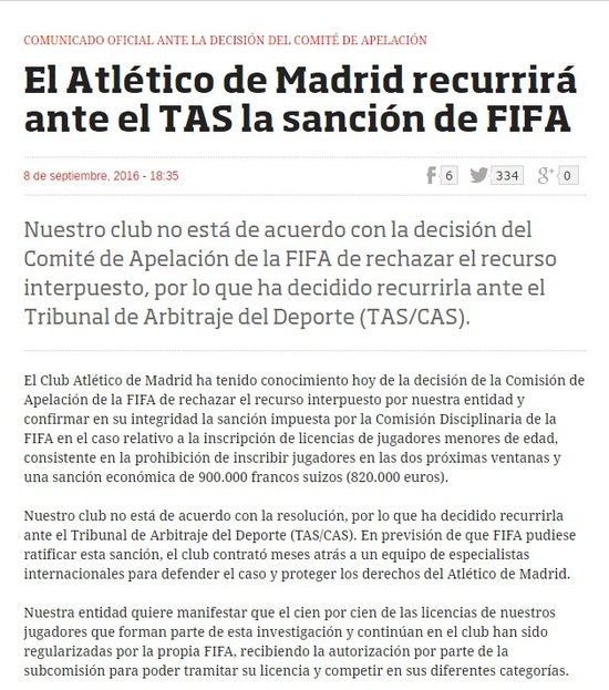 马竞官方声明:不认同国际足联裁决 将上诉至CAS